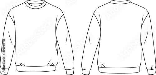 Crew neck sweatshirt flat sketch, vector apparel template, CAD garment drawing, fashion technical illustration, clothing design outline showing front and back views