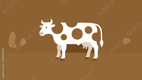 Stylized illustration of a white cow with brown spots on a brown background