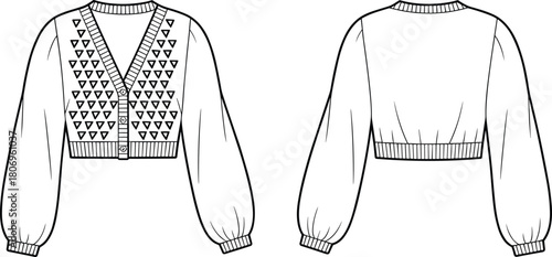 Cropped cardigan sweater flat, V neck button front knit top with long sleeves, geometric pattern detail, front and back vector template