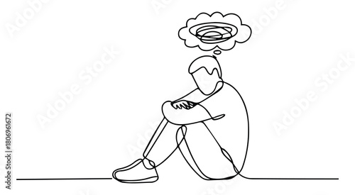 One line drawing of a sad person sitting with head down. Minimalist continuous line mental stress illustration isolated on white background