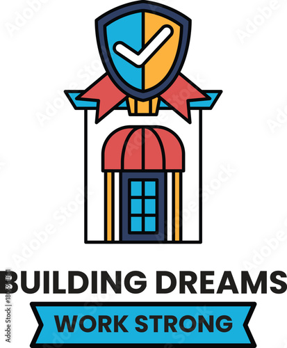 A building with a shield on top