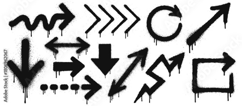Urban spray painted arrow set featuring bold black navigation symbols with drips and splatter texture
