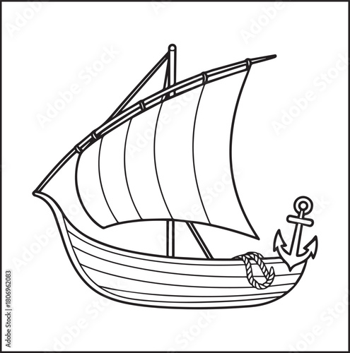 Simple and beautiful boat on water black vector line art illustration for children coloring page or book design 