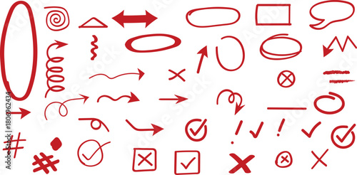Hand drawn red doodle elements and shapes set