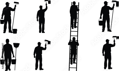 Silhouettes of workers painting walls, carrying tools, climbing ladders, holding paint rollers, maintenance team actions, construction labor poses for design use