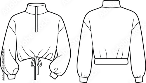 Cropped long sleeve pullover with mock neck, drawstring hem, balloon sleeves, front zip detail, technical fashion CAD flat vector illustration