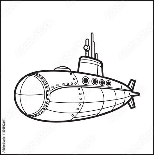 Simple and beautiful submarine on sea water black vector line art illustration for children coloring page or book design 