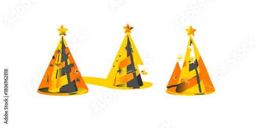 Modern 3d cone Christmas tree set on transparent backdrop - minimalist holiday decorations in gold metallic colors, abstract geometric pine shapes with star topper for festive winter design .vector 