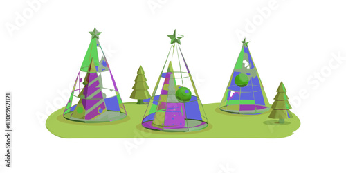 Modern 3d cone Christmas tree set on transparent backdrop - minimalist holiday decorations in gold metallic colors, abstract geometric pine shapes with star topper for festive winter design .vector 