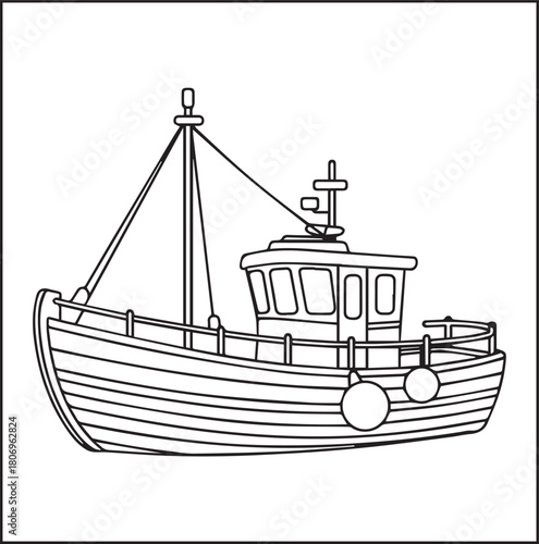 Simple and beautiful ship on sea water black vector line art illustration for children coloring page or book design 