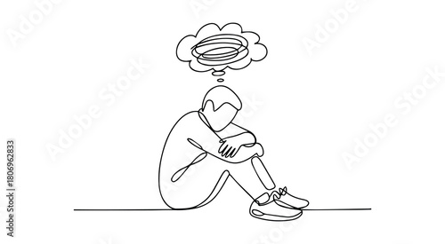 One line drawing of a sad person sitting with head down. Minimalist continuous line mental stress illustration isolated on white background