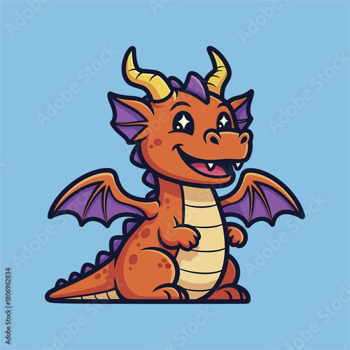 Cute cartoon dragon with orange scales and purple wings smiling happily.
