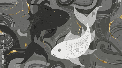 Two koi fish swimming in abstract water with gold accents