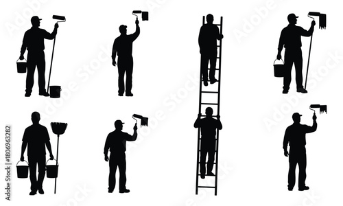 Silhouettes of workers painting walls, carrying tools, climbing ladders, holding paint rollers, maintenance team actions, construction labor poses for design use