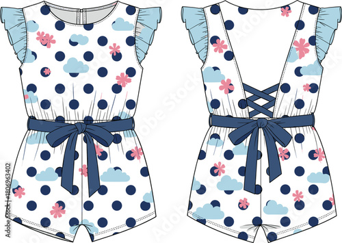 Cute girls romper vector with cloud and polka dot print, ruffle sleeves, waist belt, and lace-up back fashion illustration
