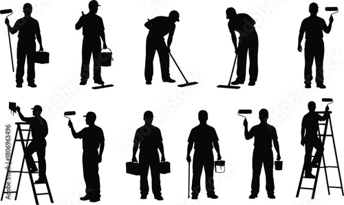 Silhouettes of workers painting, cleaning floors, climbing ladders, carrying tools, using paint rollers, performing maintenance tasks, construction labor actions for design use