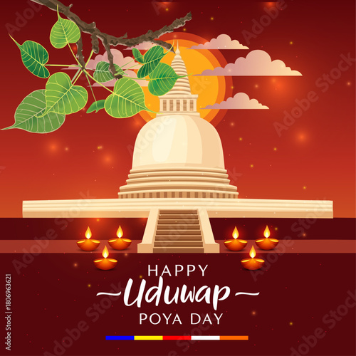 Uduwap Poya Day Wishes Flyer, Dagoba Stupa, Bodhi Tree, Buddhist Temple Celebration Social Media Post