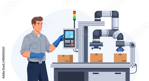 Modern factory worker using automated robotic system for packaging cardboard boxes efficiently