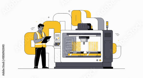 Modern Manufacturing Illustration of an Engineer Operating CNC Milling Machine for Production