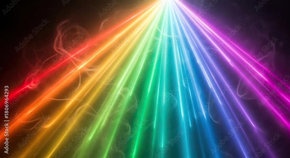 Obraz premium A rainbow-colored light beam shining through a dark, smoky background.