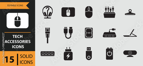 15 Tech Accessories Icons solid icon set