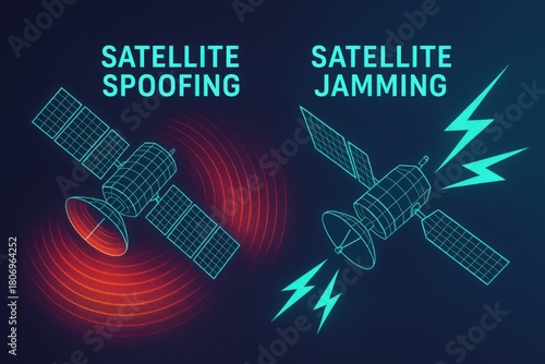 Satellite spoofing and jamming with sleek digital representation emphasizing cybersecurity risks in modern communication networks captured with clarity