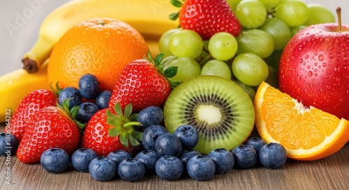 Fototapeta Naklejka Na Ścianę i Meble -  A vibrant assortment of fresh fruits including strawberries, blueberries, kiwi, and oranges, arranged on a wooden table with bananas and apples in the background.