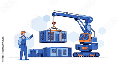 Modular construction site with engineer overseeing container placement by a blue crane