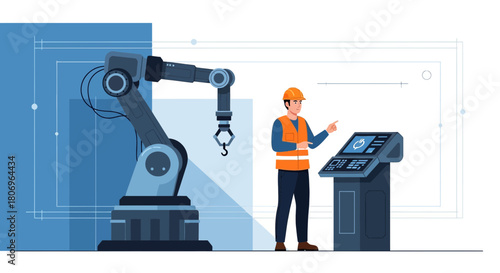 Operator overseeing industrial robotic arm automation in a manufacturing facility environment