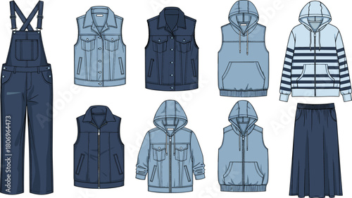 Denim overalls, vests, hoodies, and skirt fashion set, detailed flat vector apparel illustration for clothing design, catalog and branding use