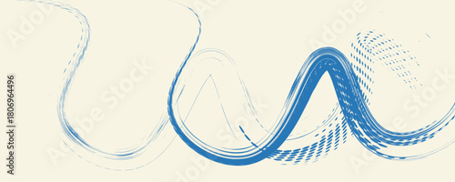 Grunge grainy blue brush stroke with spray texture. Hand drawn distress damaged vintage banner with zigzag bold line. Rough thick brush stroke texture. Spray paint effect vector background.