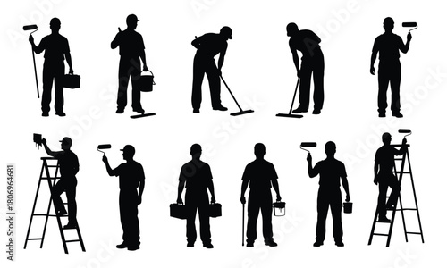Silhouettes of workers painting, cleaning floors, climbing ladders, carrying tools, using paint rollers, performing maintenance tasks, construction labor actions for design use