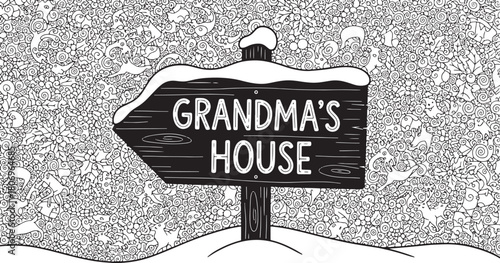 Detailed vector illustration of winter scene with Grandmas House signpost