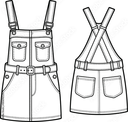 Denim pinafore dress with front pockets, belt, and cross-back straps fashion flat sketch template for apparel designers, cad drawing flat vector illustration