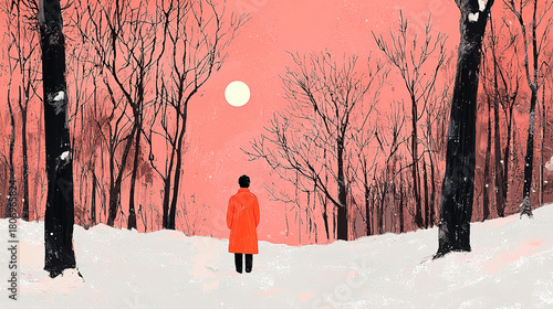 Man in red coat standing in snowy forest at sunset