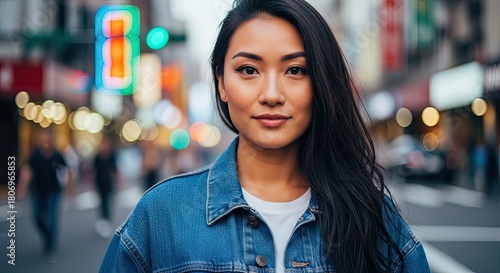 A young woman with long black hair standing in a city street with a blue denim jacket and white t-shirt, surrounded by colorful neon lights and blurred cityscape.