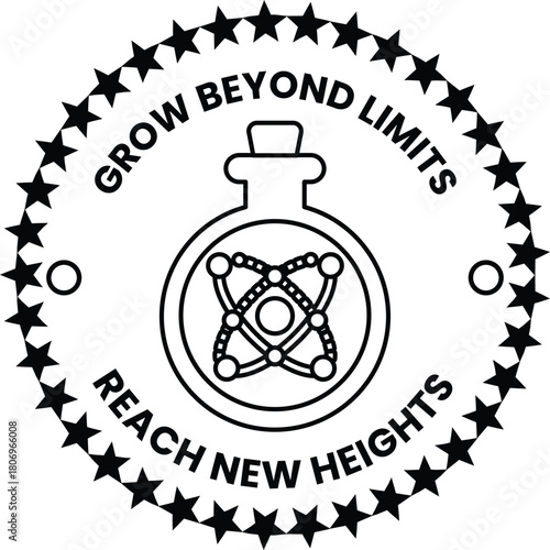 A black and white logo with a cork stopper and stars around it