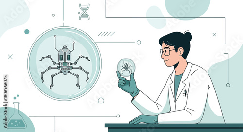 Scientist Examining Robotic Insect Specimens in Laboratory Setting for Research Purposes