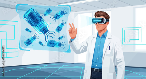 Scientist in lab visualizing nanotechnology with augmented reality glasses for innovation
