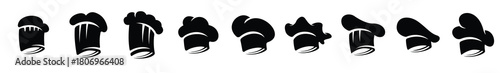 Flat Chef Hat Collection. Chef hat silhouette icons set. Professional cooking symbols. Kitchen uniform vector designs. Culinary logo concepts. Food industry illustrations. Cook and baker hats isolated