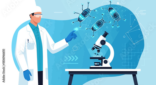 Scientist interacts with futuristic nanomachine research interface, exploring nanotechnology