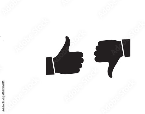 Black and white illustration of thumbs up and thumbs down, , representing like and dislike, approval and disapproval