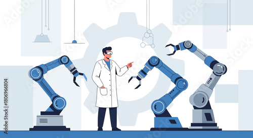 Scientist overseeing robotic automation system for factory production and innovation