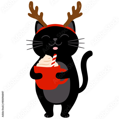 Black cat with red cup and deer’s horns. Charming illustration in flat cartoon style for greeting cards, season greetings, end other design.