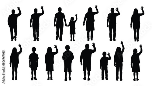Diverse waving people silhouettes isolated on white background, Vector
