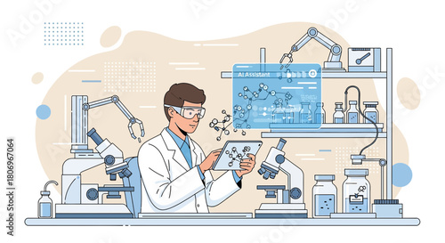 Scientist utilizes AI for chemical compound research and lab automation in modern environment