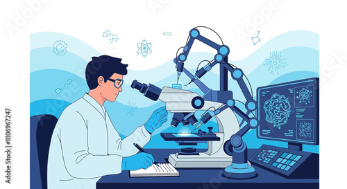 Scientist utilizing robotic automation and advanced microscopy for modern research and