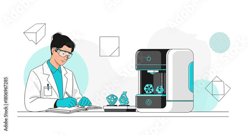 Scientist with 3D printer designing advanced materials and innovative prototypes in laboratory