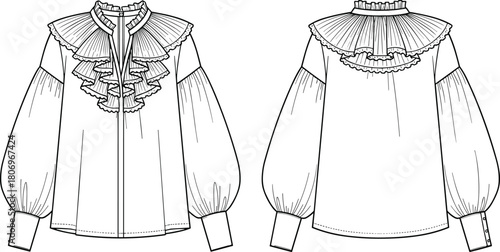 Elegant ruffle blouse vector template with pleated neckline, layered frills, puff sleeves and detailed front and back fashion sketch illustration