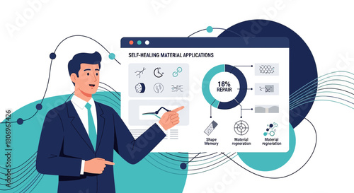 Self-healing materials presentation with visual data and graphs in a technological context